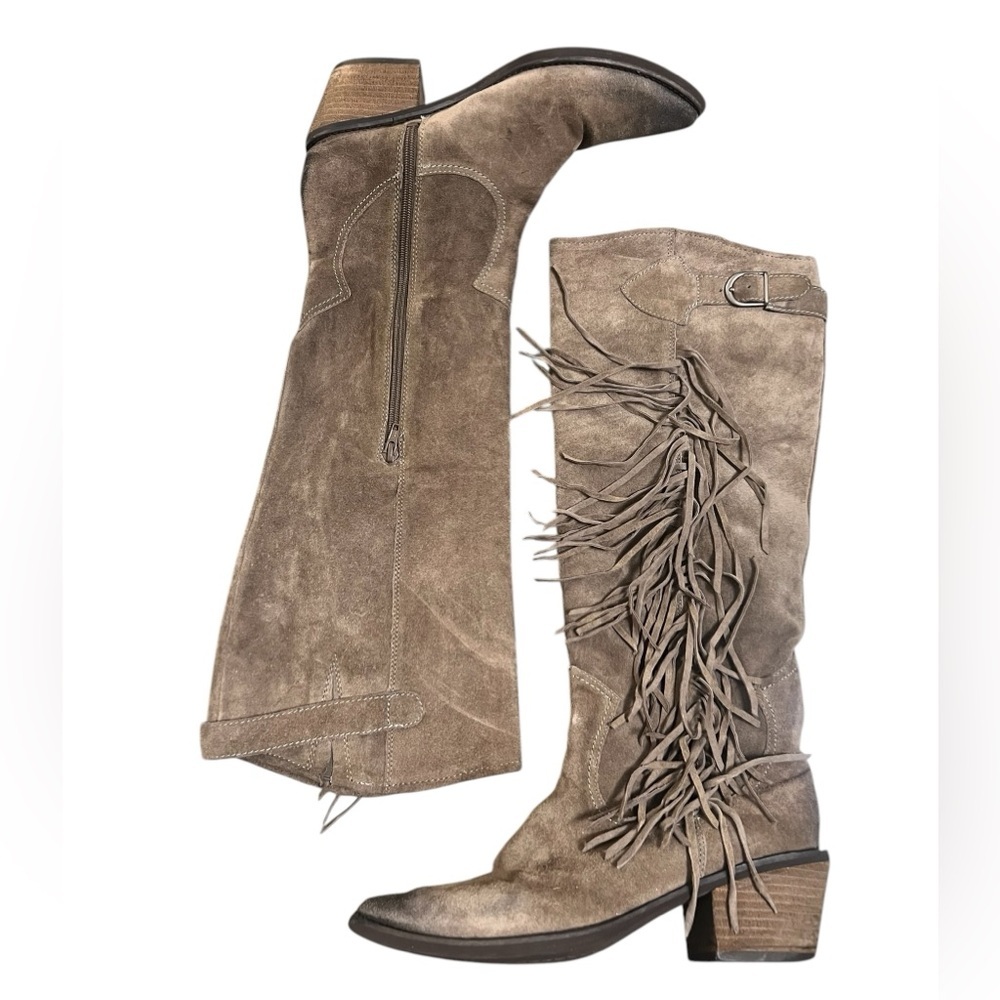 Carlos Santana Ringo taupe suede fringe knee high western distressed boots - Picture 7 of 11